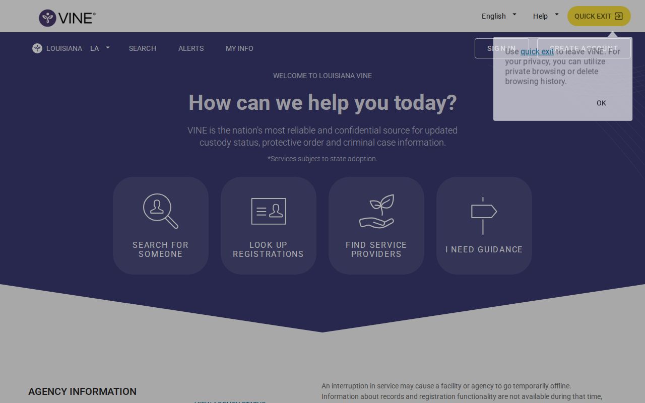 Louisiana VINELink custody notification service