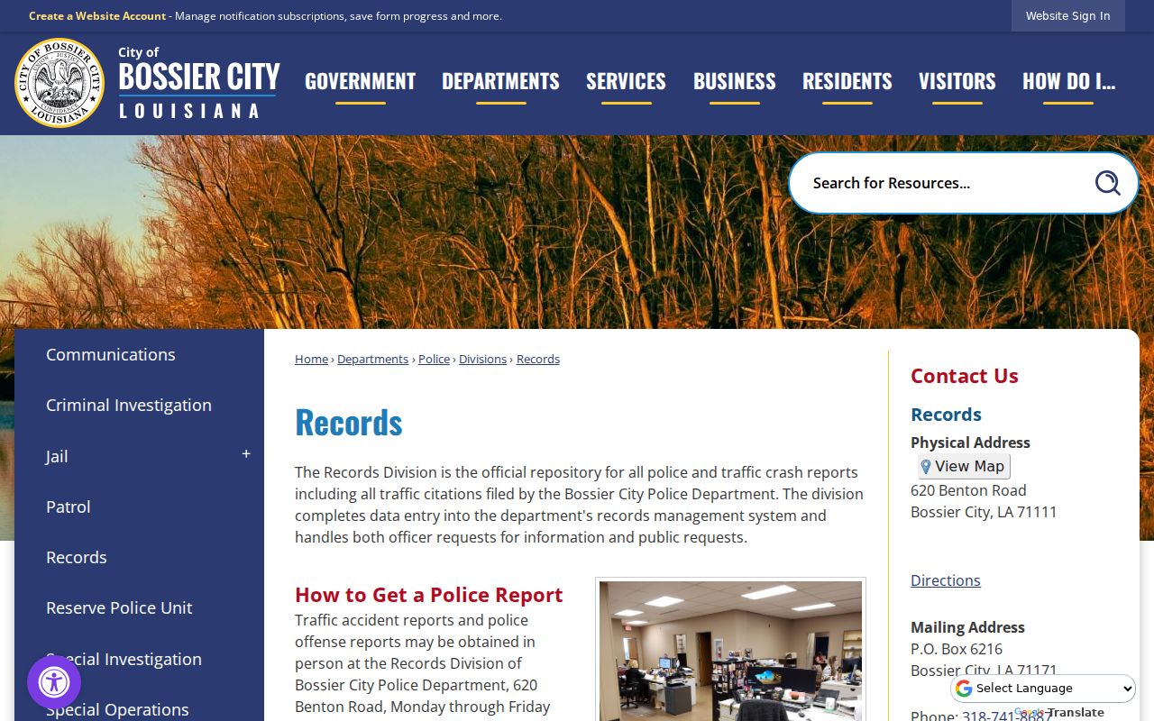 Bossier City Police Records Division request information