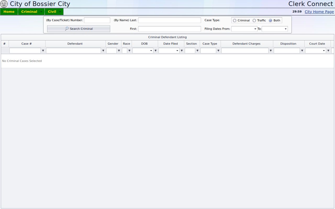 Bossier City Court criminal case inquiry interface